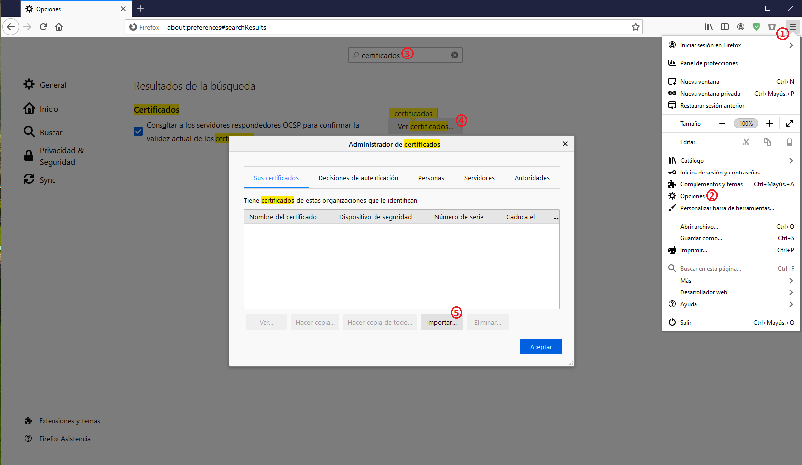 Importar certificado Firefox